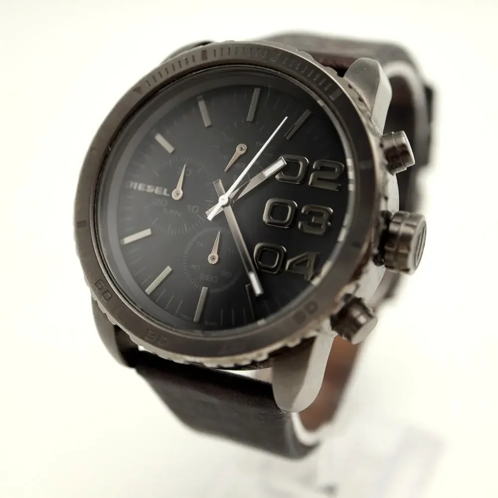 Diesel Mens Gunmetal 42mm Chronograph Watch Leather Strap DZ5329 w New Battery
